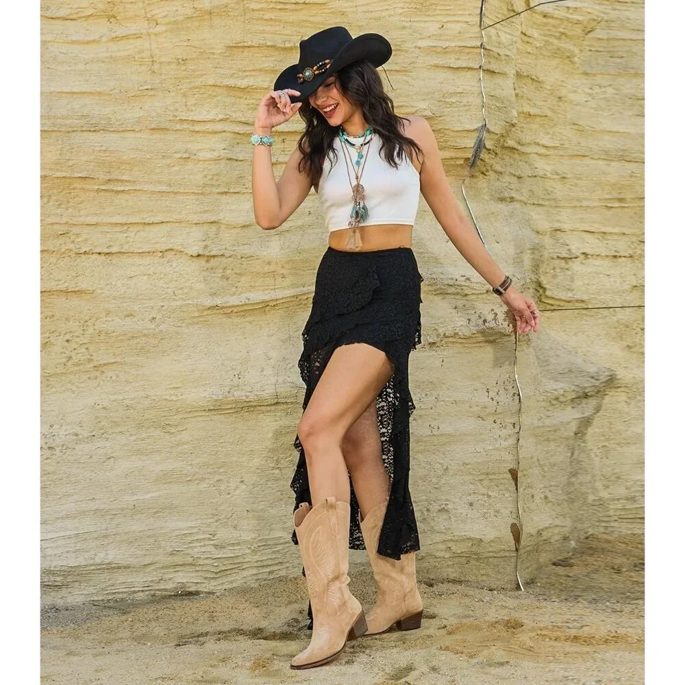Women's Tan Mid Calf Embroidery Cowgirl Boots Retro Snip Toe Western Boot